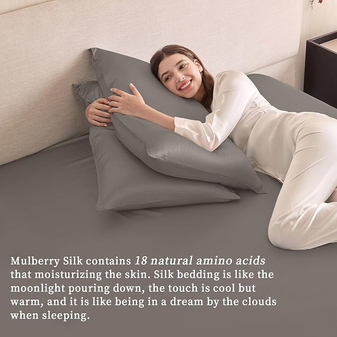 THXSILK 6A+ Top Grade 100% Pure Mulberry Silk Full Fitted Sheet 3Pcs Set Bed Sheets Luxury Bedding for Hair and Skin Breathable Cooling Safe Material, 1 Fitted Sheet with 2 Pillowcases, Charcoal