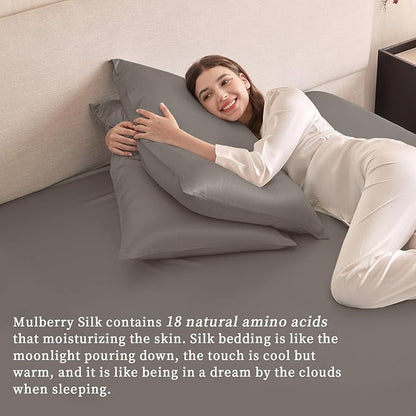 THXSILK 6A+ Top Grade 100% Pure Mulberry Silk Twin Fitted Sheet 3Pcs Set Bed Sheets Luxury Bedding for Hair and Skin Healthy Natural Materials, 1 Fitted Sheet with 2 Pillowcases, Charcoal