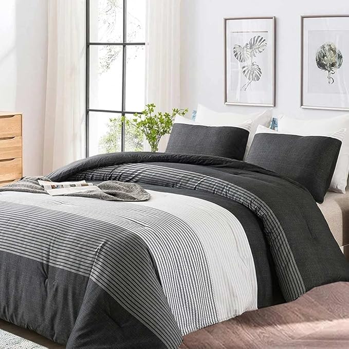 Faincy King Comforter Set, Grey & Black Patchwork Stripe Pattern Print Reversible Comforter - Size 104x90 3PC Soft Microfiber Duvet Sets Masculine Modern Bedding in a Bag for Women Men Teen, Gray