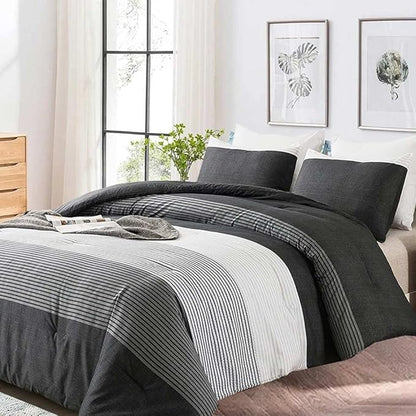Faincy Full Comforter Set, Grey & Black Patchwork Stripe Pattern Print Reversible Comforter - Size 80x90 3PC Soft Microfiber Duvet Sets Modern Masculine Bedding in a Bag for Women Men Teen, Gray