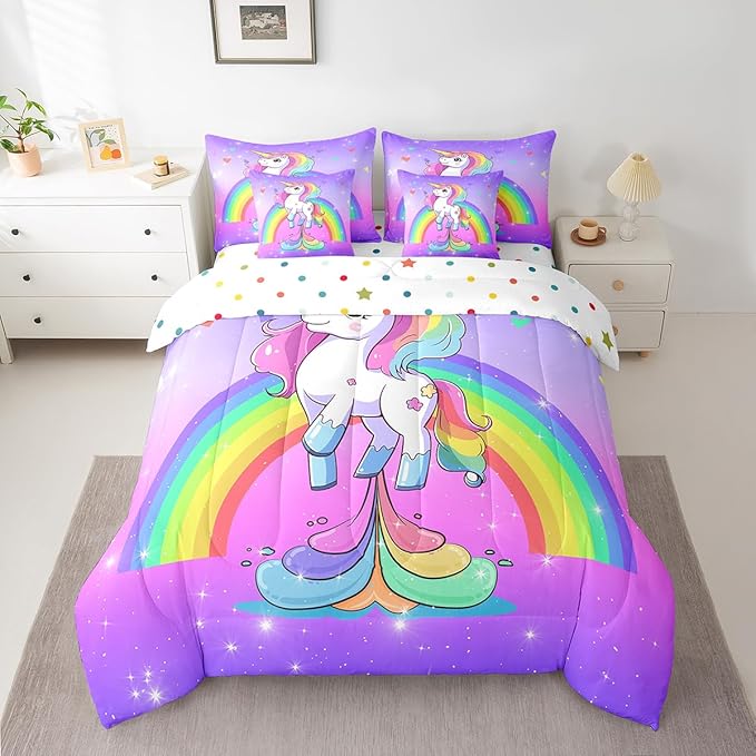 Erosebridal Unicorn 7 Piece Comforter Set Twin,Rainbow Unicorn Bedding Set for Little Kids Boys Girls Bedroom Decor,Purple Starry Sky Down Comforter,Kawaii Cartoon Animals Flat Fitted Sheet,Reverse