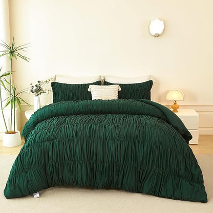 PERFEMET Full Size Comforter Set Emerald Green 5 Pieces Solid Fluffy Ruched Bedding with Sheet Set Luxury Soft Pleated Texture Bed in a Bag All Season Boho Farmhouse Ruffle Bed Sets, 79"x90"