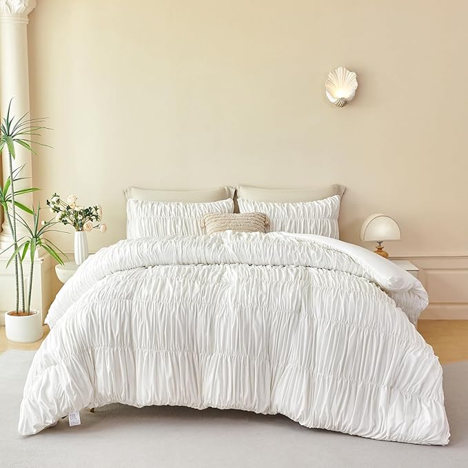 PERFEMET White Bedding Full Size Set, 5 Pieces Fluffy Ruched Comforter Set (79"x90"), Luxury Soft Boho Chic Ruffled Bed in a Bag with Sheet, All Season Farmhouse Pleated Texture Bed Sets(White, Full)