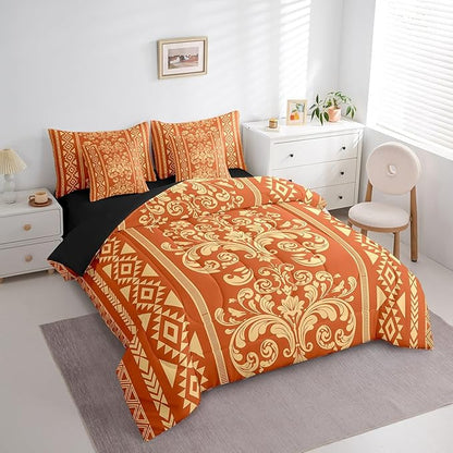 Comforter Set Queen Size, Orange Aztec Damask 7 Pcs Bedding for Kids and Adults, Victorian Decor Western Baroque Goth Bed Sheet Sets with Fitted Sheet 2 Pillowcases & 2 Shams for Bedroom Bed Decor