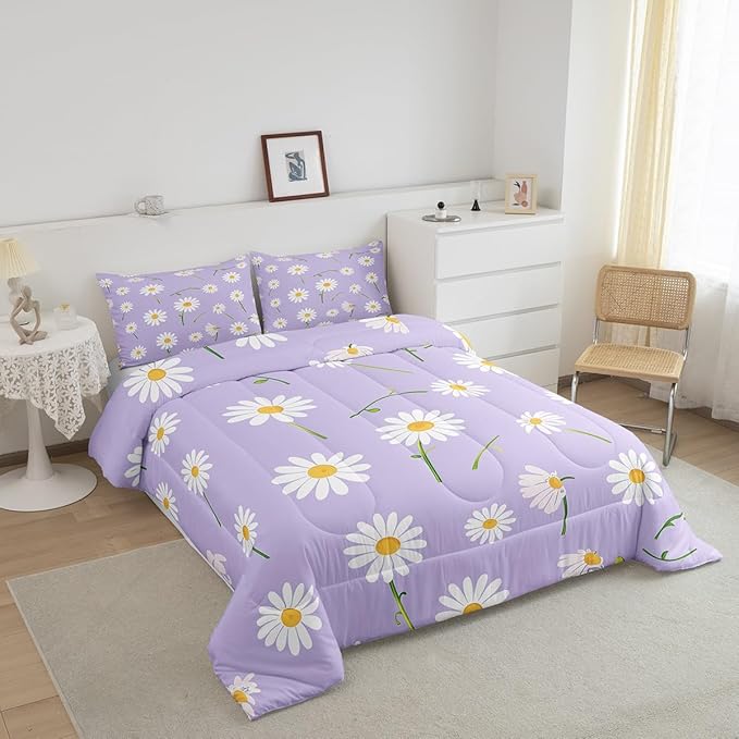 Manfei Cute Flower Comforter Set Full Size, White Daisy Floral Bedding Set 3pcs for Kids Boys Girls Room Decor, Botanical Plants Wildflower Down Comforter with 2 Pillowcases, No Sheets