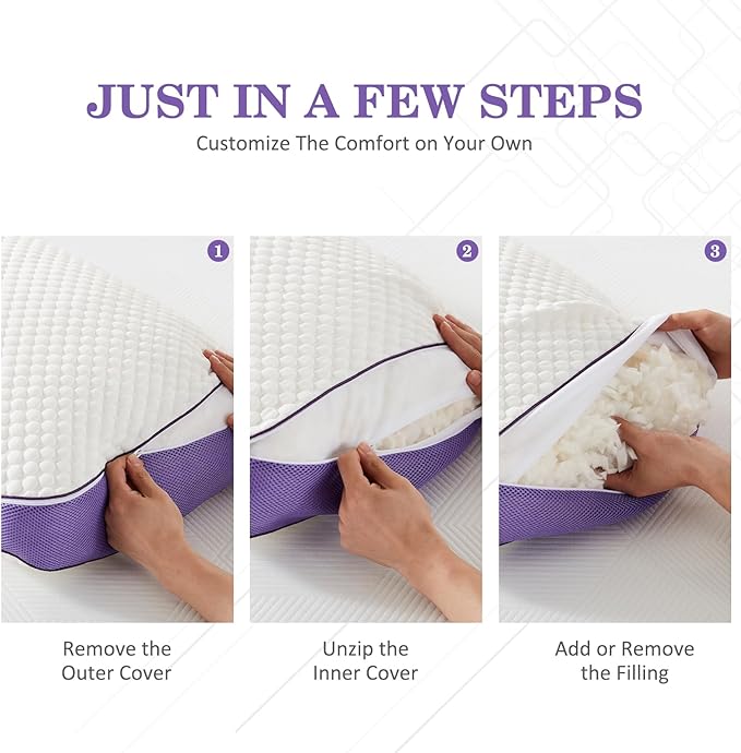 HOMELAB Adjustable Shredded Memory Foam Pillow Queen Size, Cooling Bed Pillow for Sleeping with Removable Cover, Medium Pillow for Side Stomach & Back Sleepers, 1 Pack 20"x28"
