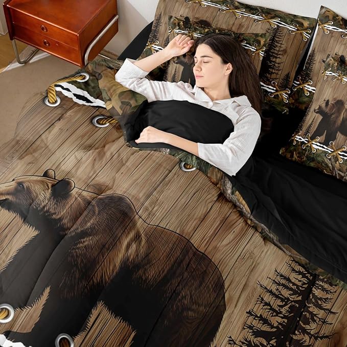 Rustic Bed in a Bag King Size Comforter Set 7-Piece | Grizzly Bear Bedding Sets Mens Hunting Comforter and Sheet Set, Woodland Animals Farmhouse Room Decor,Cabin Bedding Camo Country Decor