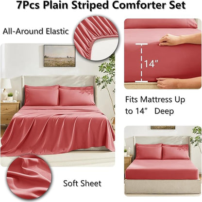 CozyLux King Size Comforter Set Coral, 7 Pieces Bed in a Bag, Coral Comforter King Size, All Season Bedding Sets with Stitch Quilted Comforter, Flat Sheet, Fitted Sheet, Pillowcases