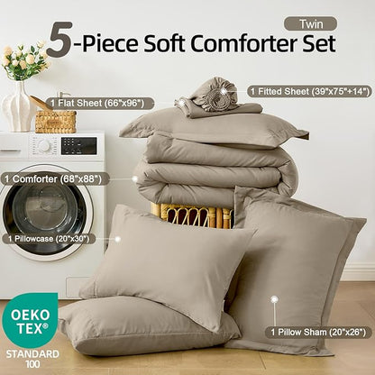 FUANNA Twin Comforter Set Oatmeal, 5 Pieces Soft Twin Size Bedding Sets, All Season Lightweight Bed in a Bag with Comforter, Flat Sheet, Fitted Sheet, Pillowcase & Sham