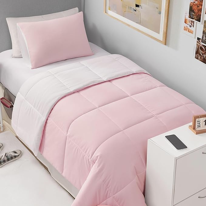 Reversible Box Stitch Comforter Set, 3-Piece Full/Queen – Light Pink/White– Stylish Bedding Set