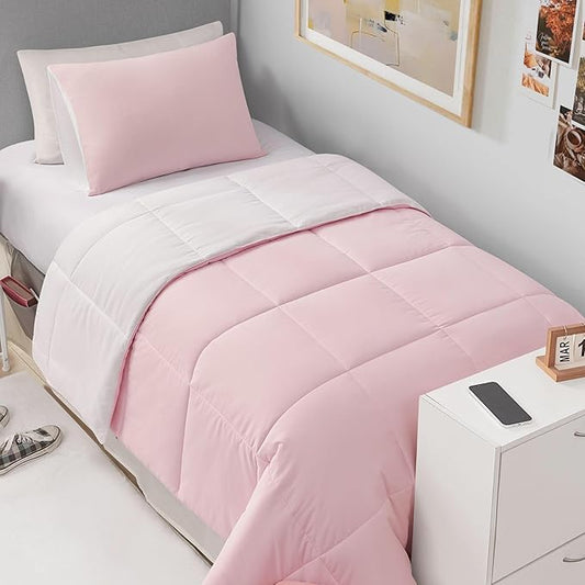 Reversible Box Stitch Comforter Set, 2-Piece Twin/Twin XL – Light Pink/White – Stylish Bedding Set