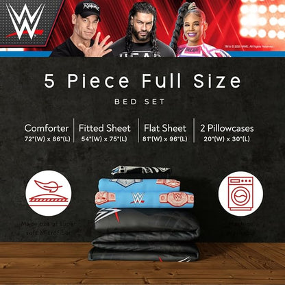 WWE Wrestling Full Bedding Set – 7 Piece Super Soft Microfiber Reversible Comforter & Sheet Set Featuring Championship Belts (Officially Licensed Product) by Franco