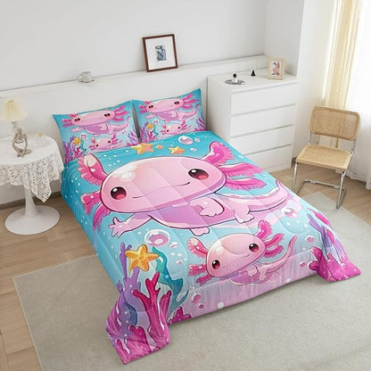 Kids Girls Cute Axolotl Bedding Sets Full Size,Pink Ocean Sealife Kawaii Animal Reversible Comforter Set Breathable Polyester Quilt Set,Cartoon Blue Sea Coral Duvet Insert,2 Pillowcases