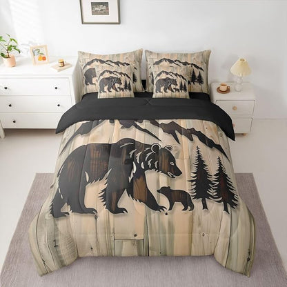 Erosebridal Rustic Cabin Bear 7 Piece Comforter Set Queen | Jungle Hunting Wildlife Bed in A Bag Wild Animals Sheet Set Reversible Grain Barn Door Farmhouse Fitted Sheet Breathable Lightweight