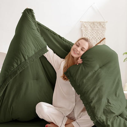 Andency Olive Green Comforter Set Queen, 3 Pieces Boho Tassel Lightweight Bedding Comforter Sets, All Season Soft Fluffy Fringe Bed Set (90x90In Comforter & 2 Pillowcases)