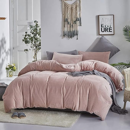 Luxlovery Pink Velvet Comforter Set King Dusty Pink Flannel Plush Bedding Comforter Winter Thick Warm Solid Haze Pink Quilts Blanket Soft Heavyweight Comforter Set for King Bed