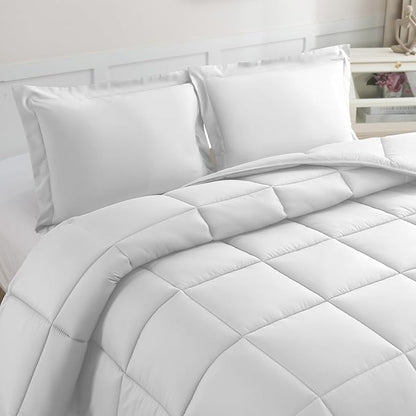 Elegant Comfort 3-Piece Box Stitched Down Alternative Comforter with Shams - Ultra Soft for All Season Duvet Insert with Corner Tabs, Plush Cozy 3PC Comforter Set, Oversize King, White
