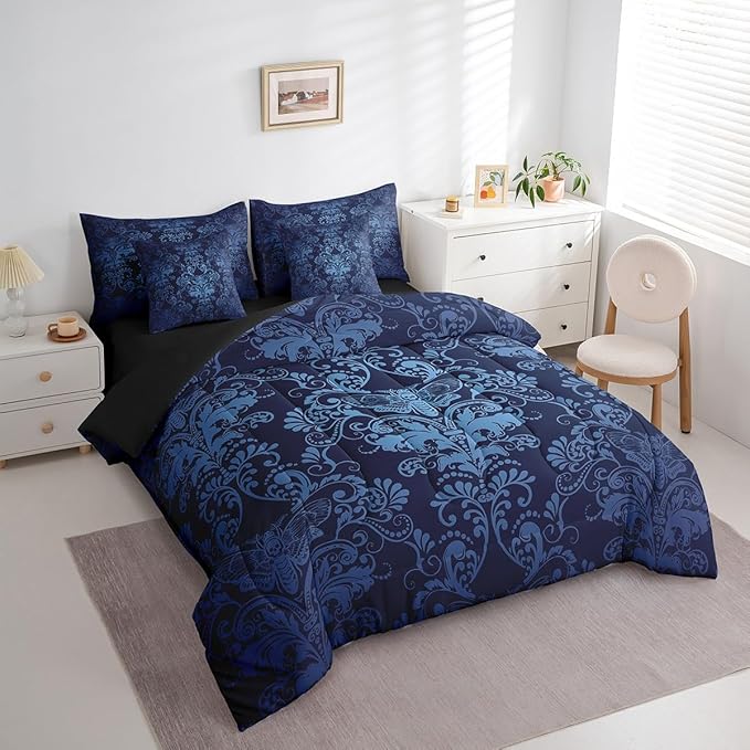 Erosebridal Gothic Damask Bed in a Bag Queen Comforter Set 7 Piece,Exotic Moth Bedding Sets Blue Victorian Floral Goth Sheet Set with Comforter