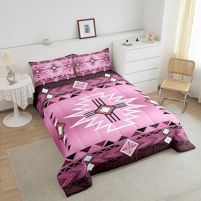 Pink Western Comforter Set Twin Size,Southwestern Cowgirl Bedding Set,Aztec Quilt Ethnic Tribal Arrow Quilt Set Kids Girls Women Teens Room Decor,Retro Countryside Duvet Insert,1 Pillowcase