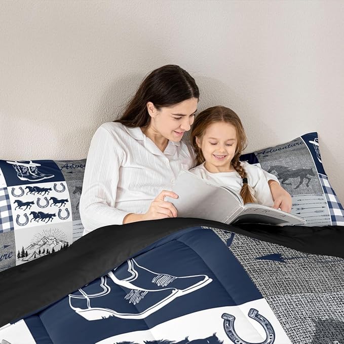Erosebridal Western Horse Bedding Set Full, Southwestern Horseshoe Comforter Set for Boys Teens Adult Bedroom Decor, Vintage Riding Boots Quilt Rustic Adventure Duvet Insert with 2 Pillow Cases