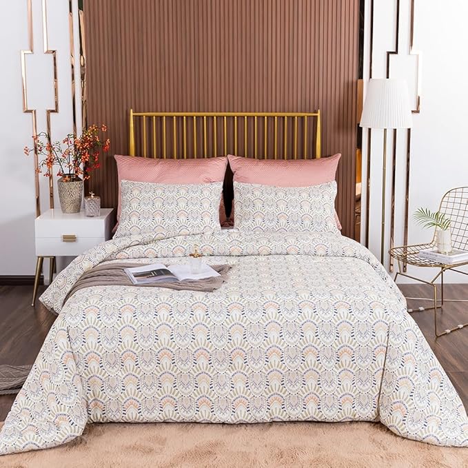 CLOTHKNOW Aztec Boho Queen Comforter Set 3Pcs Ivory Bedding Comforter Sets Geometric Bed Comforter with 2 x Pillow Cases