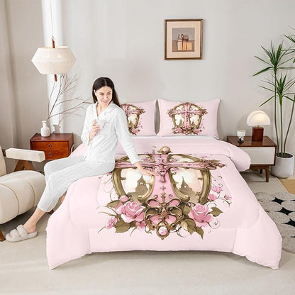 Erosebridal The Cross Theme Comforter Set, Patriotic Style Bedding Set Queen Size for Kids Girls Women Bedroom Decor, Rose Flower Down Comforter Romantic Floral Quilt for All Season, Pink