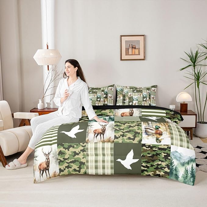 Green Camo Full Size Bed Sheets and Comforter Set | Mallard Duck Camo Deer 7-Piece Bedding Set Mens Country Camouflage Bed in a Bag, Woodland Animals Farmhouse Bed Sets,Cabin Duck Hunting Decor