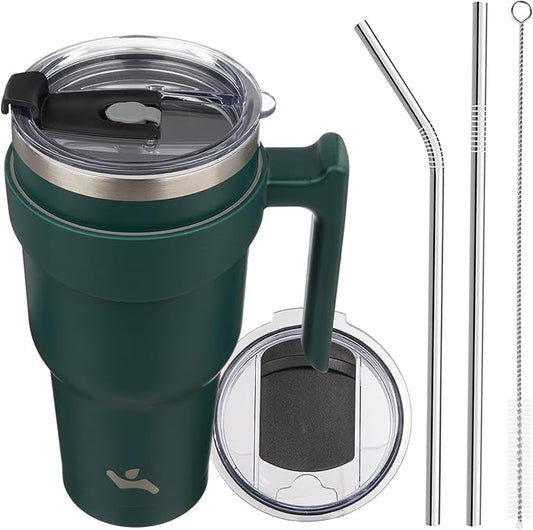 40 oz Tumbler with Handle and 2 Straw 2 Lid, Insulated Water Bottle Stainless Steel Vacuum Cup Reusable Travel Mug,Army Green