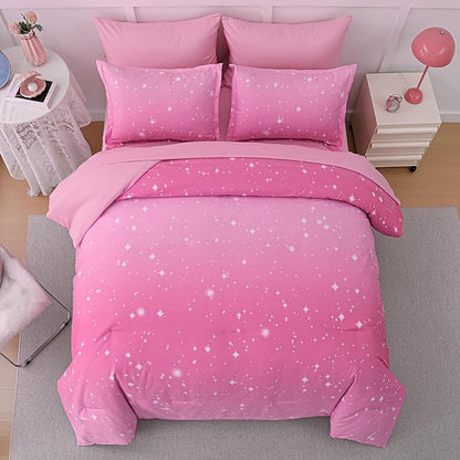 Drucon Pink Glitter Comforter Set Queen Size for Teen Girls, Ombre Galaxy Bedding Set 7 Pieces Bed in A Bag (1 Comforter, 1 Flat Sheet, 1 Fitted Sheet, 2 Pillow Shams, 2 Pillowcases)