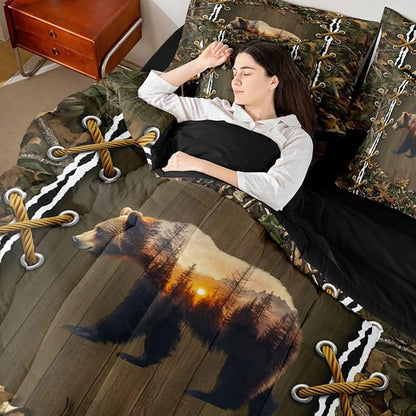 Cabin 7 Piece Comforter Set Full Bed in a Bag | Botanical Leaves Bear Bedding Sets Mens Camouflage Comforter and Sheet Set, Woodland Animals Country Bed Sets,Hunting Rustic Farmhouse Decor