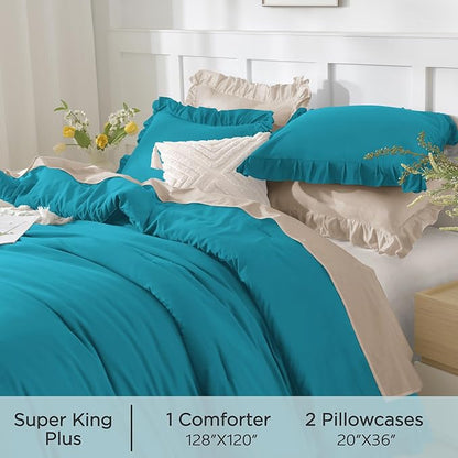 Andency Oversized King Comforter Set 128x120, 3 Pieces Turquoise Ruffle Shabby Chic Famhouse Bedding Set for Women, Lightweight Fluffy Super King Plus Bed Set for Girls