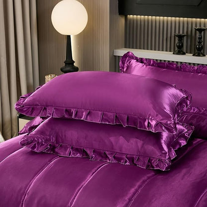 Purple Queen Comforter Silk Like Bedding 4 Pcs Hotel Soft Polyester Satin Bed Set Luxury Silky Body Pillow Cover Ruffle Home Decor