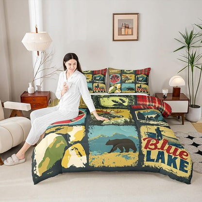 Hunting Bear Comforter Set, Rustic Farmhouse Bedding Sets for Kids Teens Adult Cabin Lodge Decor, Vintage Woodland Wildlife Moose Down Comforter, Retro Buffalo Plaid Quilted Duvet, Yellow Red, Queen