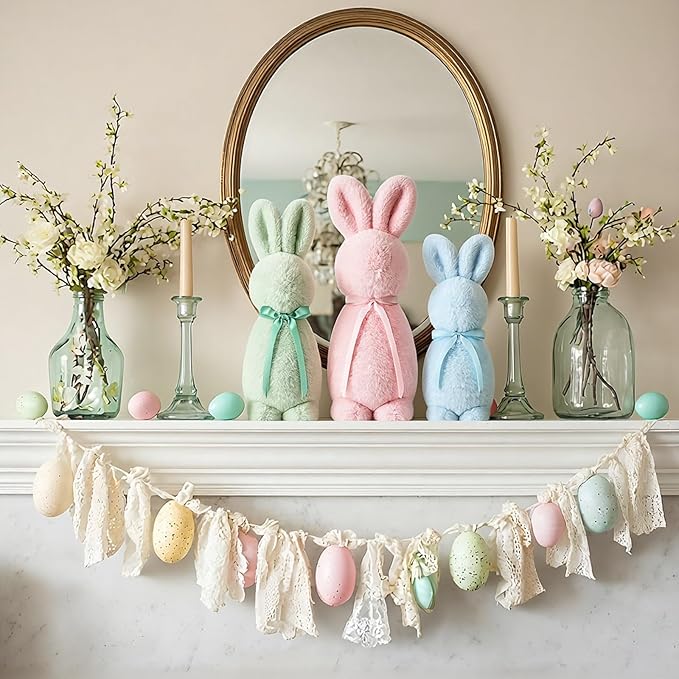 Breling 3 Pcs Easter Decoration Bunny Throw Pillow Flocked Bunny Figurine with Bow Tie 16" 13" 10" Pastel Rabbit Sitting Pillow Cute Spring Plush Decor for Sofa Couch Living Bedroom Home Office Decor