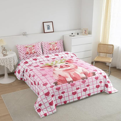 Cute Pig Bedding Set Queen, Cherry Blossoms Comforter Set For Girls Kids, Cartoon Pet Animal Duvet Set, Pink Grid Heart Pattern Lattice Quilted Duvet, Farmhouse Bedding Comforters, All Season