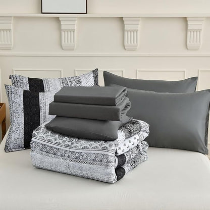Cottolester Boho Queen Size Comforter Set 8 Pieces,Gray Bohemian Striped Bed in a Bag,Floral Soft Microfiber Bedding Comforter Set