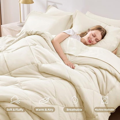 FUANNA 7 Pieces Queen Comforter Set, All Season Bed in a Bag Queen Size, Luxury Soft Bedding Sets with Comforter, Flat Sheet, Fitted Sheet, Pillowcases & Pillow Shams, Cream White