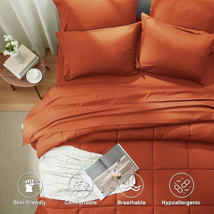 Anluoer King Size Bed in a Bag 7 Pieces, Burnt Orange Bed Comforter Set with Sheets, All Season Bedding Sets with 1 Comforter,2 Pillow Shams,2 Pillowcases, 1 Flat Sheet, 1 Fitted Sheet