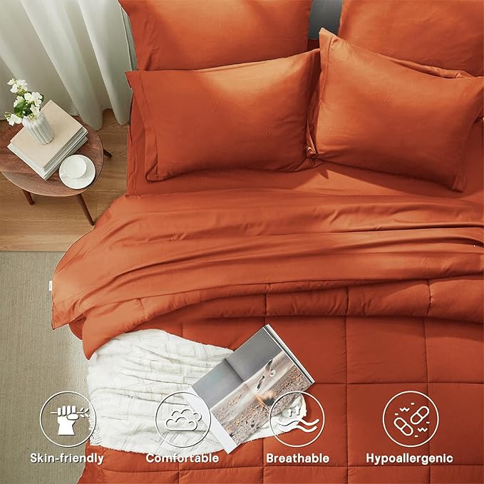 Anluoer Queen Comforter Set 7 Piece, Burnt Orange Bed in a Bag with Sheets, All Season Terracotta Bedding Comforter Sets with 1 Comforter, 2 Pillow Shams, 2 Pillowcases, 1 Flat Sheet,1 Fitted Sheet