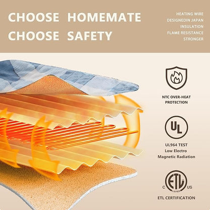 Homemate Electric Blanket Heated Twin Size - 62“x84“ Ultra Soft Cozy Flannel Heating Blanket with 10 Fast Heat Levels 8 Hours Auto Off Over-Heated Protection ETL Certification Keep Warm in Home