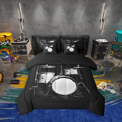 Erosebridal Drum Set 7 Piece Bedding Set Twin Size,Musical Instrument Bed in a Bag,Hip Hop Music Bed Set Includes Comforter, Sheet Set, Pillowcases & Pillow Covers All Season Bedroom Decor
