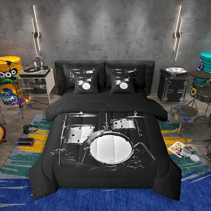 Erosebridal Drum Set 7 Piece Bedding Set Full Size,Musical Instrument Bed in a Bag,Hip Hop Music Bed Set Includes Comforter, Sheet Set, Pillowcases & Pillow Covers All Season Bedroom Decor
