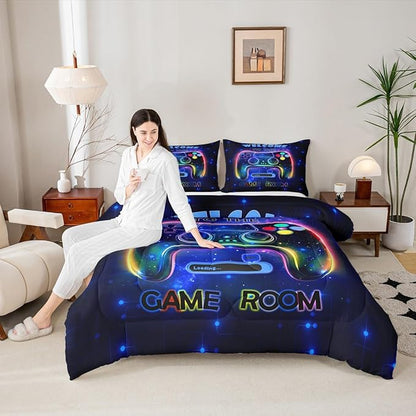 jejeloiu Cool Gamer Bedding Set Full Size for Boys 3D Gaming Comforter Set Kids Teens Bright Blue Duvet Set Modern Game Console Quilt Set 3Pcs