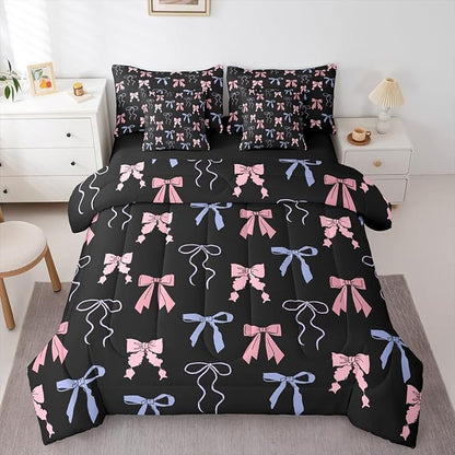 Erosebridal Bow King Comforter Set Ribbon 7-Piece Bed in A Bag Sweet Dreamy Kawaii Bowknot Fairy Sheets and Pillowcases Pink Black Bed Sets