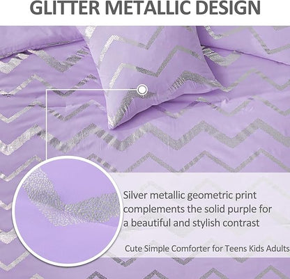 Menghomeus Purple/Silver Comforter Set Full Metallic Print Glitter Bed Comforter Cute Shinny Bedding for Teen Girls Kids Women, 4 Piece (2 Pillowcases, 1 Decorative Pillow Sham)