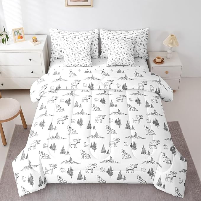 Erosebridal Woodland Animals 7 Piece Comforter Set Full Size Bear Deer Wolf Hunting Theme Bedding Set for Kids Child | Rustic Cabin Lodge Decor Sheets Farmhouse Wildlife Mountain Black White Quilt