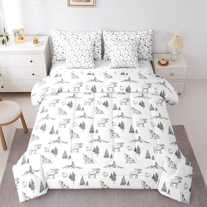 Erosebridal Woodland Animals 7 Piece Comforter Set Queen Size Bear Deer Wolf Hunting Theme Bedding Set for Kids Child | Rustic Cabin Lodge Decor Sheets Farmhouse Wildlife Mountain Black White Quilt