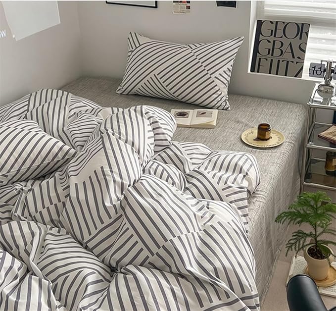 VM VOUGEMARKET Gray Striped Comforter Set Queen,Teen Boys Geometric Bedding Set,3 Pieces Instagram Style Simple Modern Comforter with 2 Pillowcases