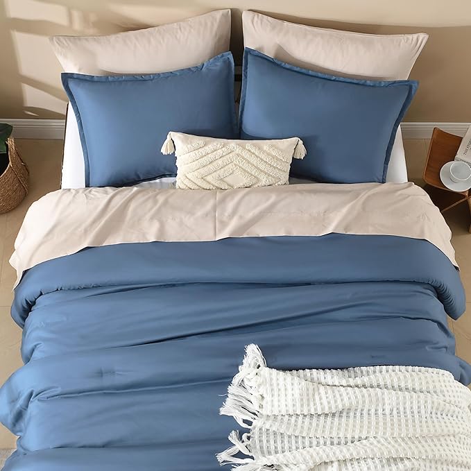 Litanika Haze Blue Comforters Oversized Queen Size, 3 Pieces Lightweight Solid Bedding Comforter Set, All Season Fluffy Bed Set (98x98In Comforter & 2 Pillowcases)