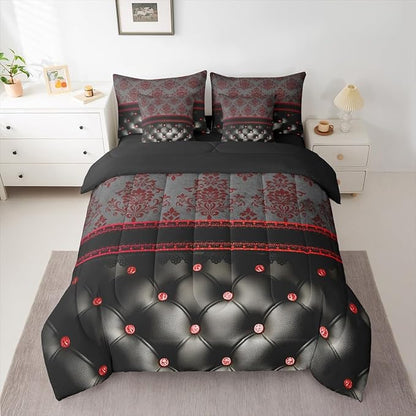 Erosebridal Red Damask Twin Comforter Set with Sheets | Victorian Decor Gothic Vintage Floral 7 Piece Bedding Set Luxury Black Diamond Texture Pattern Bohemian Bed in a Bag, Baroque Goth Room Decor